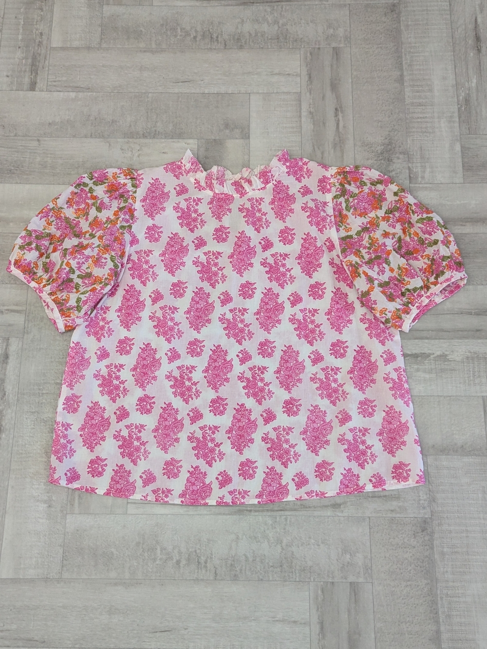 THML S Pink White Floral Embroidered Puff Sleeve Mock Neck Blouse Boho Preppy